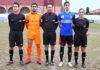 Imagen del conjunto arbitral junto a los capitanes del CD Arnedo y la UD Logroñés publicada en las redes sociales del CD Arnedo