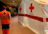 Carpa de SOS Rioja y Cruz Roja instalada en la zona deportiva de Arnedo para el cribado extraordinario
